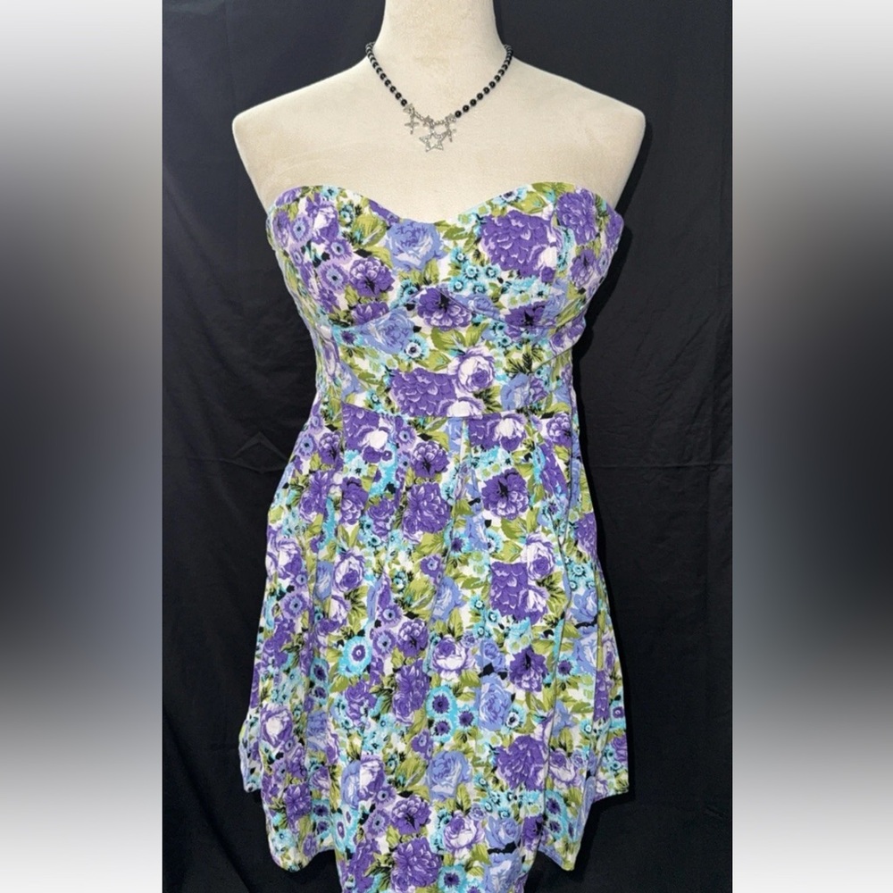 Feathers Strapless Dress in Purple and Blue Floral